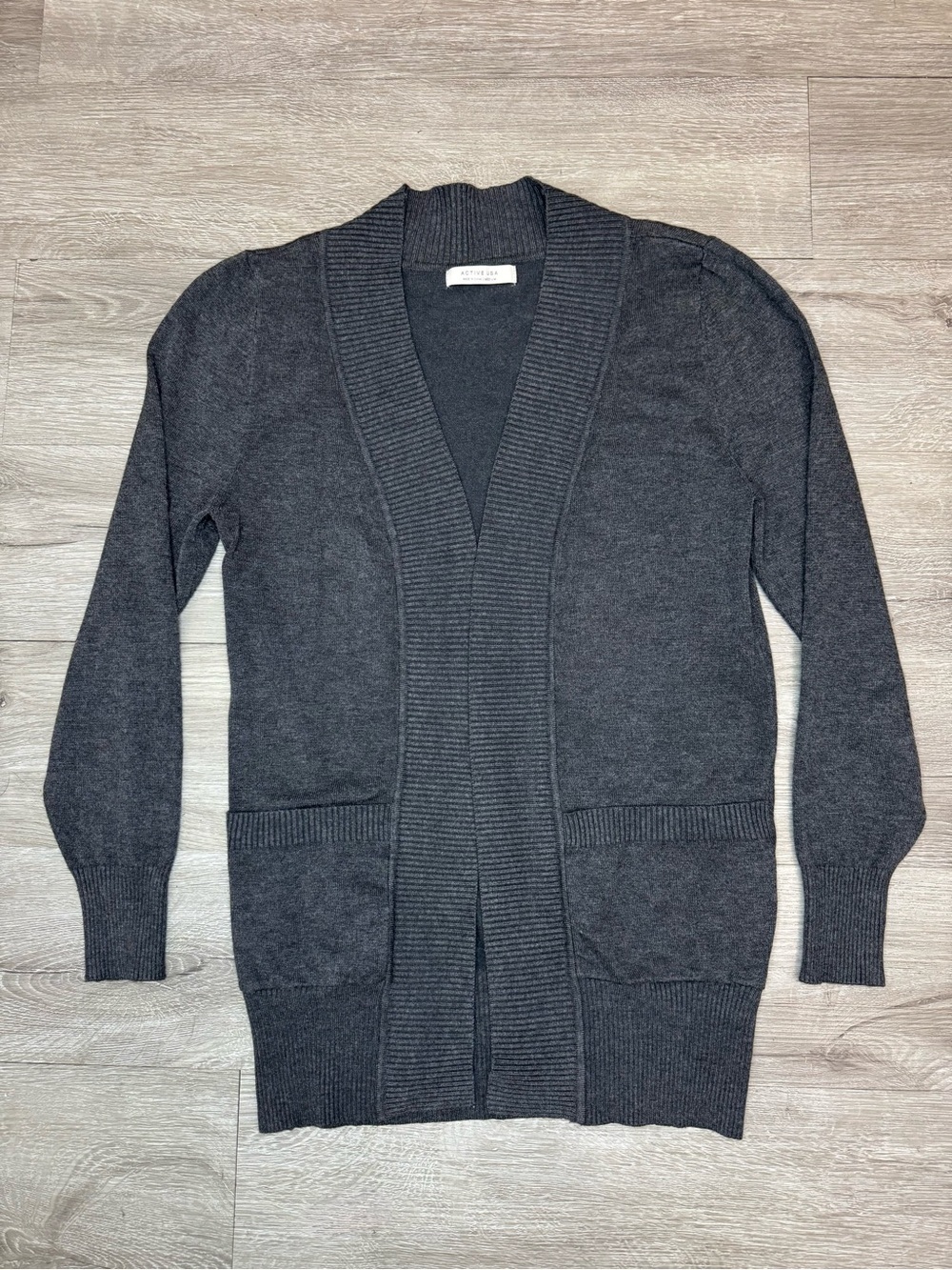 Gray Open Front Knit Cardigan Long Sleeve Ribbed Lightweight Pockets M - Picture 2 of 5